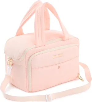 Veki Travel Toiletry Bag with Shoulder Straps, Puffy Lightweight Toiletries Travel Bags for Women, Large Hanging Makeup Cosmetic Bag Organizer for Carry-on Traveling Accessories (Pink, Medium)