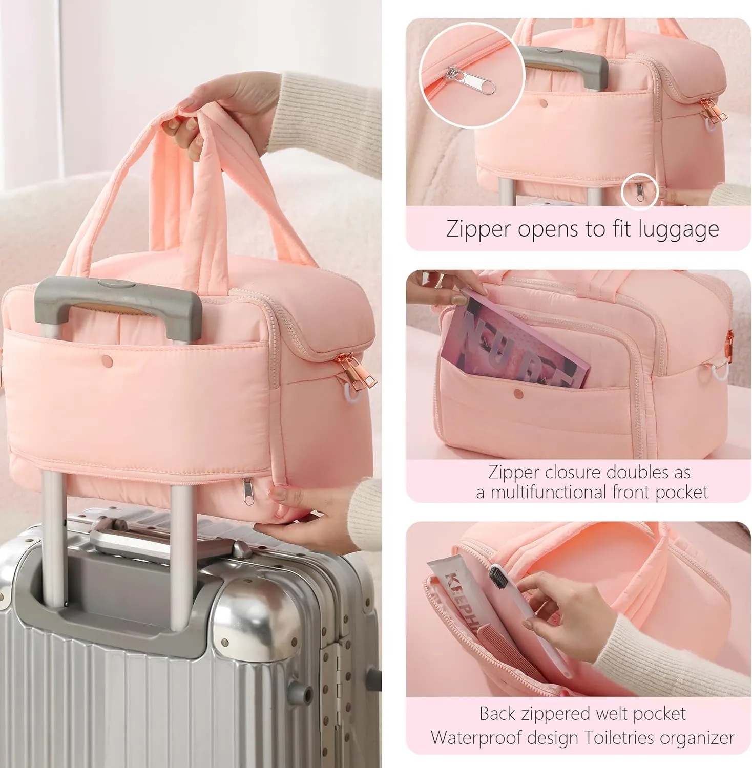 Veki Travel Toiletry Bag with Shoulder Straps, Puffy Lightweight Toiletries Travel Bags for Women, Large Hanging Makeup Cosmetic Bag Organizer for Carry-on Traveling Accessories (Pink, Medium)