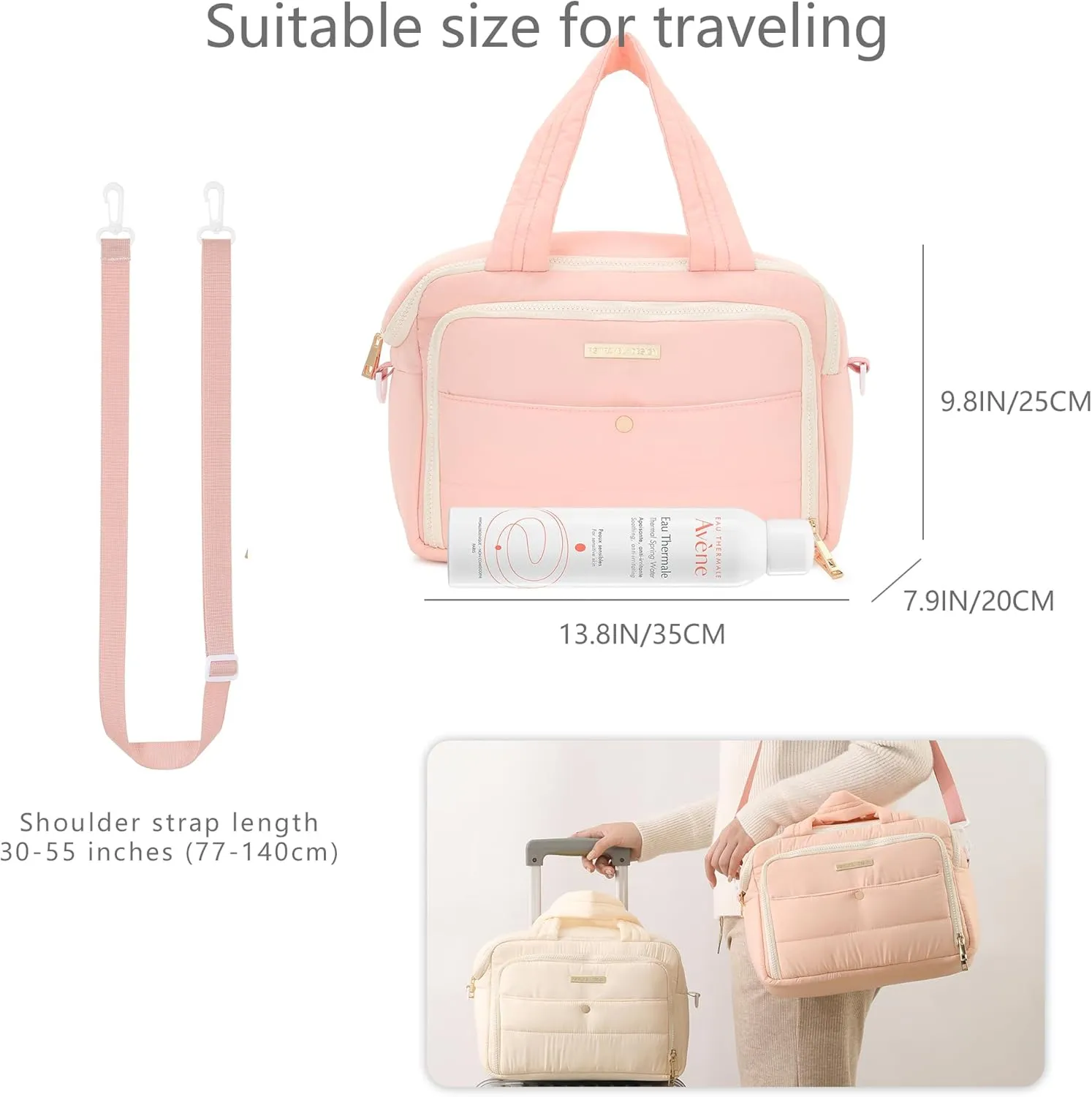 Veki Travel Toiletry Bag with Shoulder Straps, Puffy Lightweight Toiletries Travel Bags for Women, Large Hanging Makeup Cosmetic Bag Organizer for Carry-on Traveling Accessories (Pink, Medium)