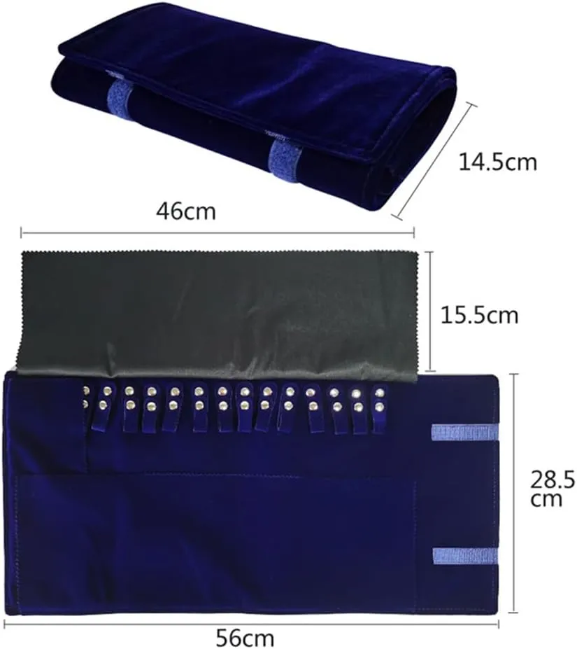 Velet Travel Jewelry Case Roll Bag Organizer for Necklace Bracelet Black Gray Velvet (Blue)