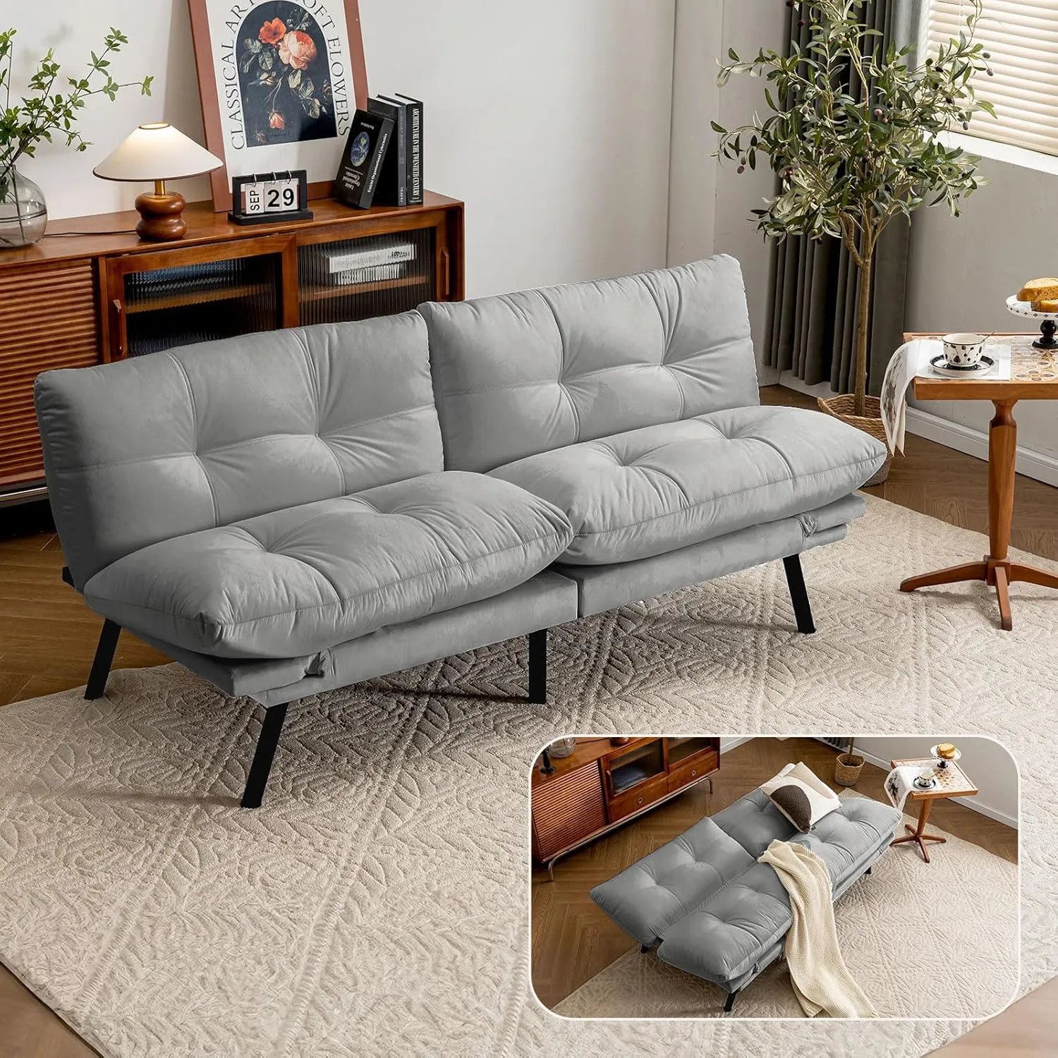 Velvet Convertible Futon Sofa Bed, 71" Cozy Loveseat Sleeper, Comfy 7" Thick Cushion Lounge Sofa Compact 2-Seater Futon Couch for Small Space Living Room Bedroom Dorm