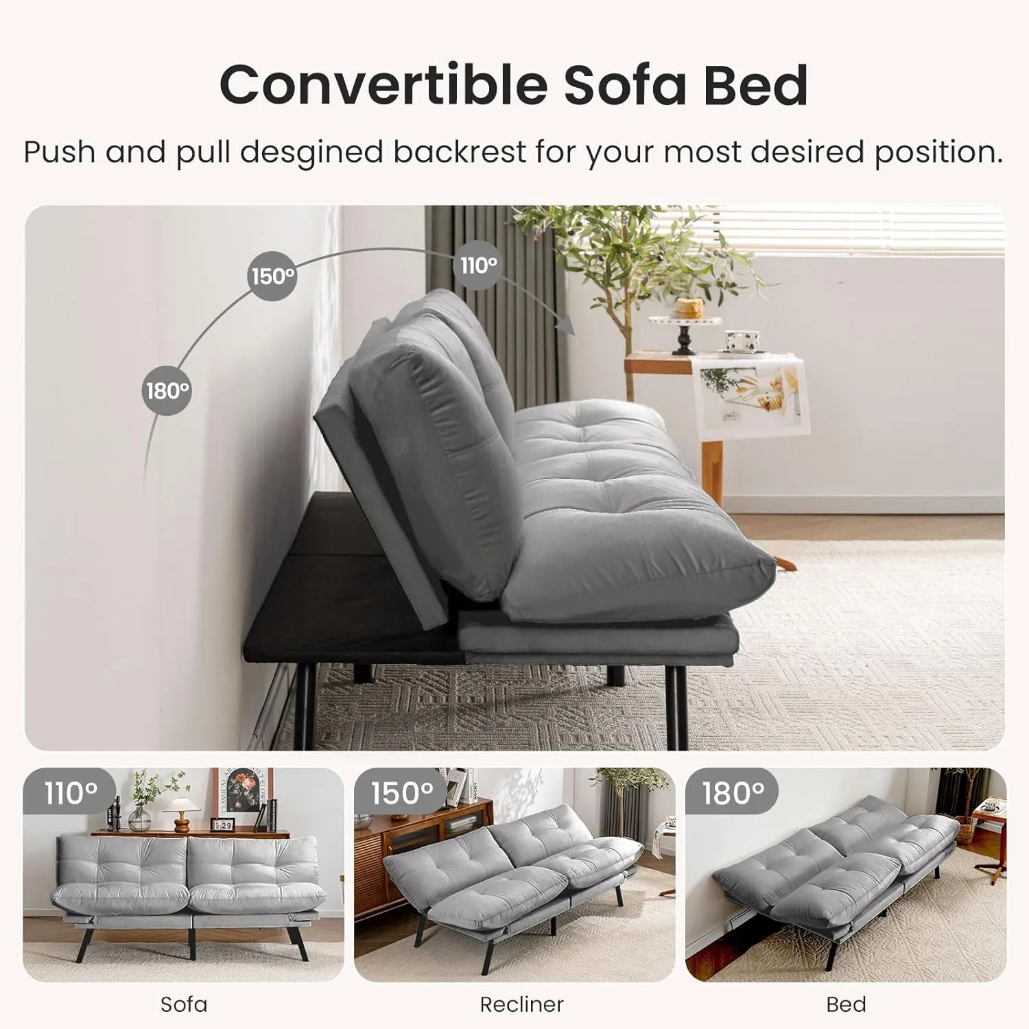 Velvet Convertible Futon Sofa Bed, 71" Cozy Loveseat Sleeper, Comfy 7" Thick Cushion Lounge Sofa Compact 2-Seater Futon Couch for Small Space Living Room Bedroom Dorm
