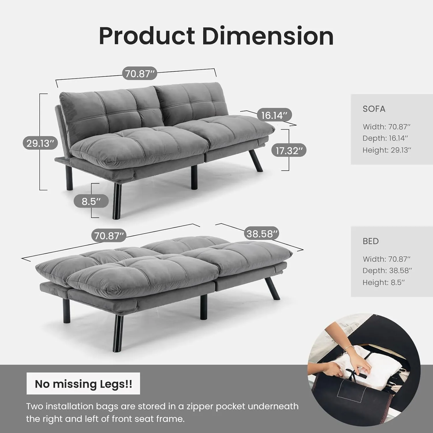Velvet Convertible Futon Sofa Bed, 71" Cozy Loveseat Sleeper, Comfy 7" Thick Cushion Lounge Sofa Compact 2-Seater Futon Couch for Small Space Living Room Bedroom Dorm