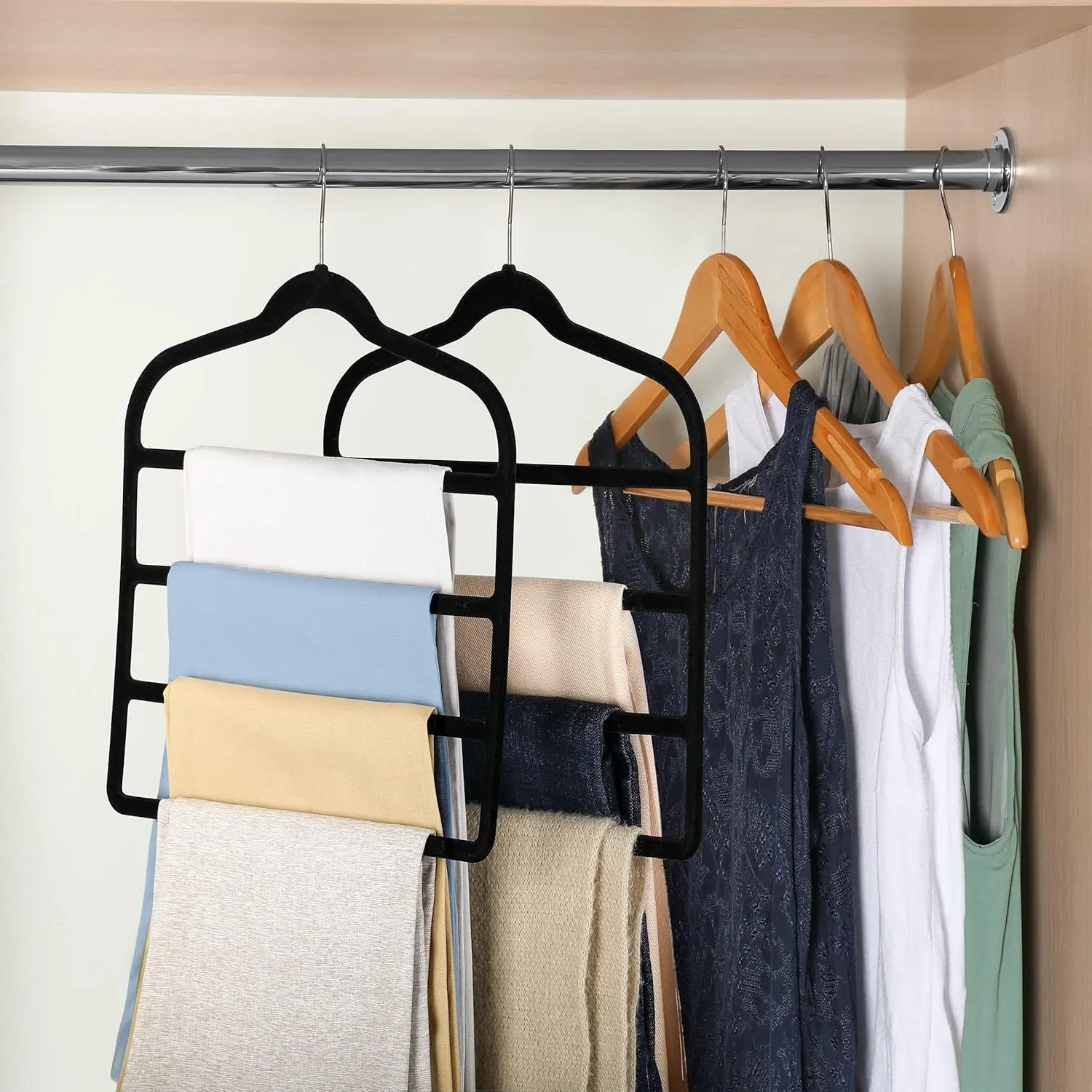 Velvet Pants Clothes Hanger Space Saving Non Slip Pants Shorts Hanger, Myfolrena Jeans Slack Trousers Hangers Multiple Velvet Hanger Closet Storage and Organization for Jeans,Scarf,Tie(Black, 5)