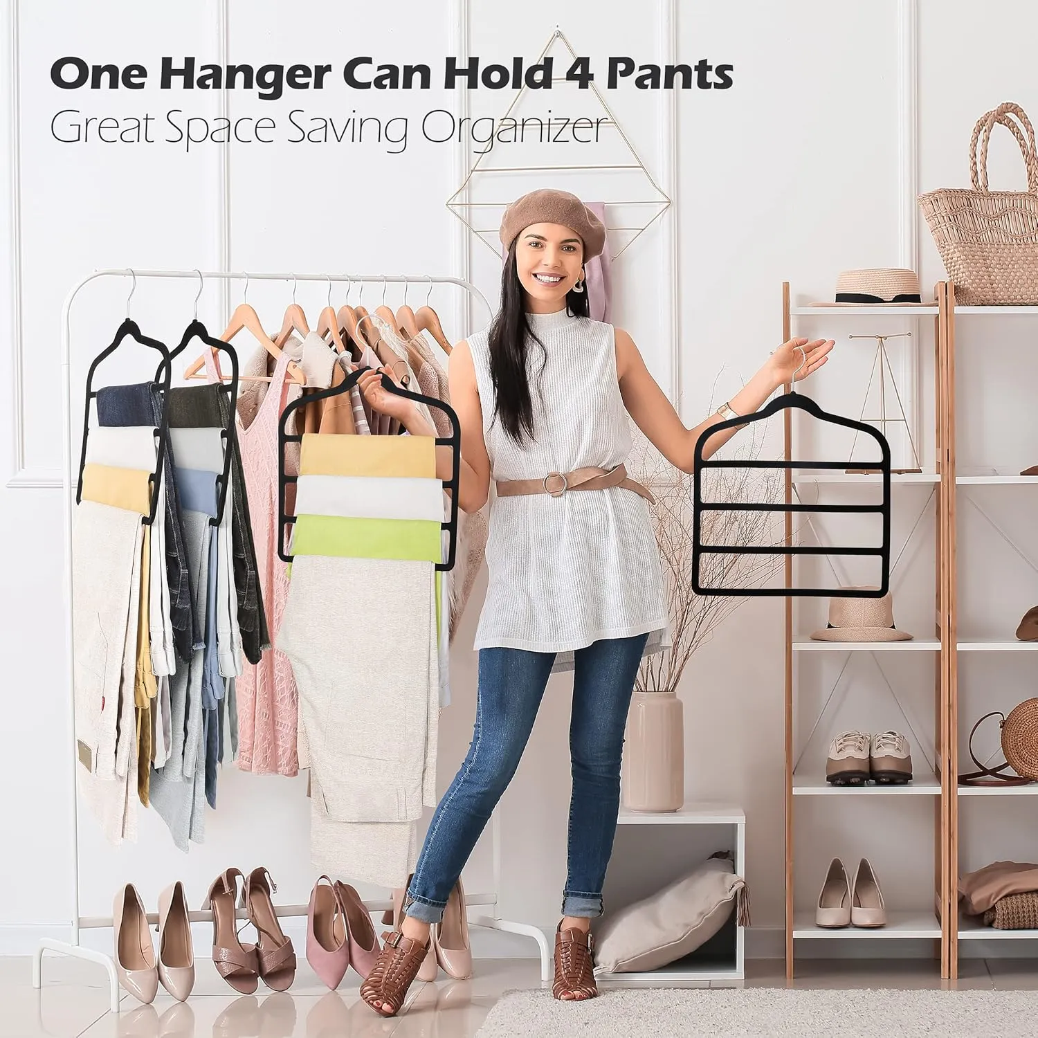 Velvet Pants Clothes Hanger Space Saving Non Slip Pants Shorts Hanger, Myfolrena Jeans Slack Trousers Hangers Multiple Velvet Hanger Closet Storage and Organization for Jeans,Scarf,Tie(Black, 5)