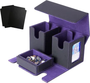 Venssu MTG Card Box With Two Display Windows, Fits 200 Double Sleeved Cards, Commander Deck Box With Dice Tray (Black and Purple)