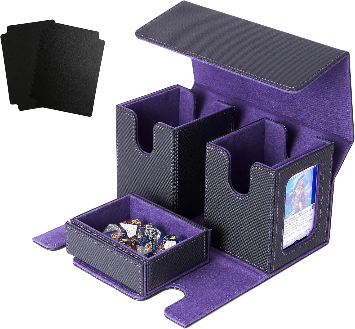 Venssu MTG Card Box With Two Display Windows, Fits 200 Double Sleeved Cards, Commander Deck Box With Dice Tray (Black and Purple)