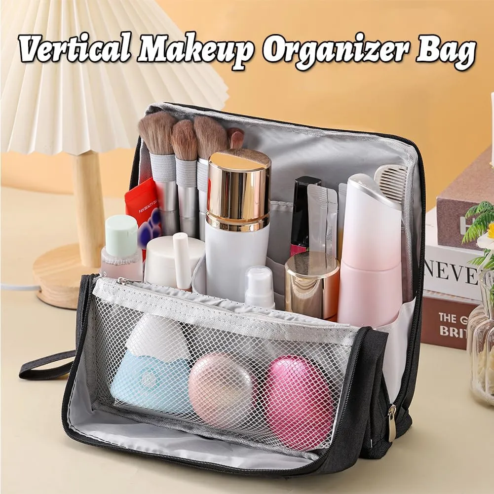 Vertical Makeup Organizer Bag, Relevanton Standing Makeup Bag Portable, Large Capacity, Doresty Standing Makeup Bag Smart Partitioning, Multi-Purpose Oxford Cloth (Purple)