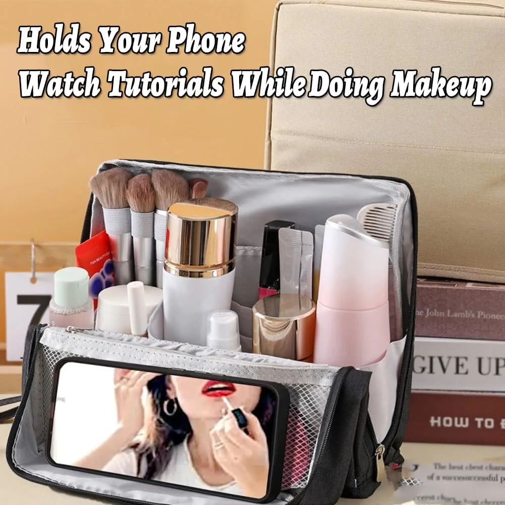 Vertical Makeup Organizer Bag, Relevanton Standing Makeup Bag Portable, Large Capacity, Doresty Standing Makeup Bag Smart Partitioning, Multi-Purpose Oxford Cloth (Purple)