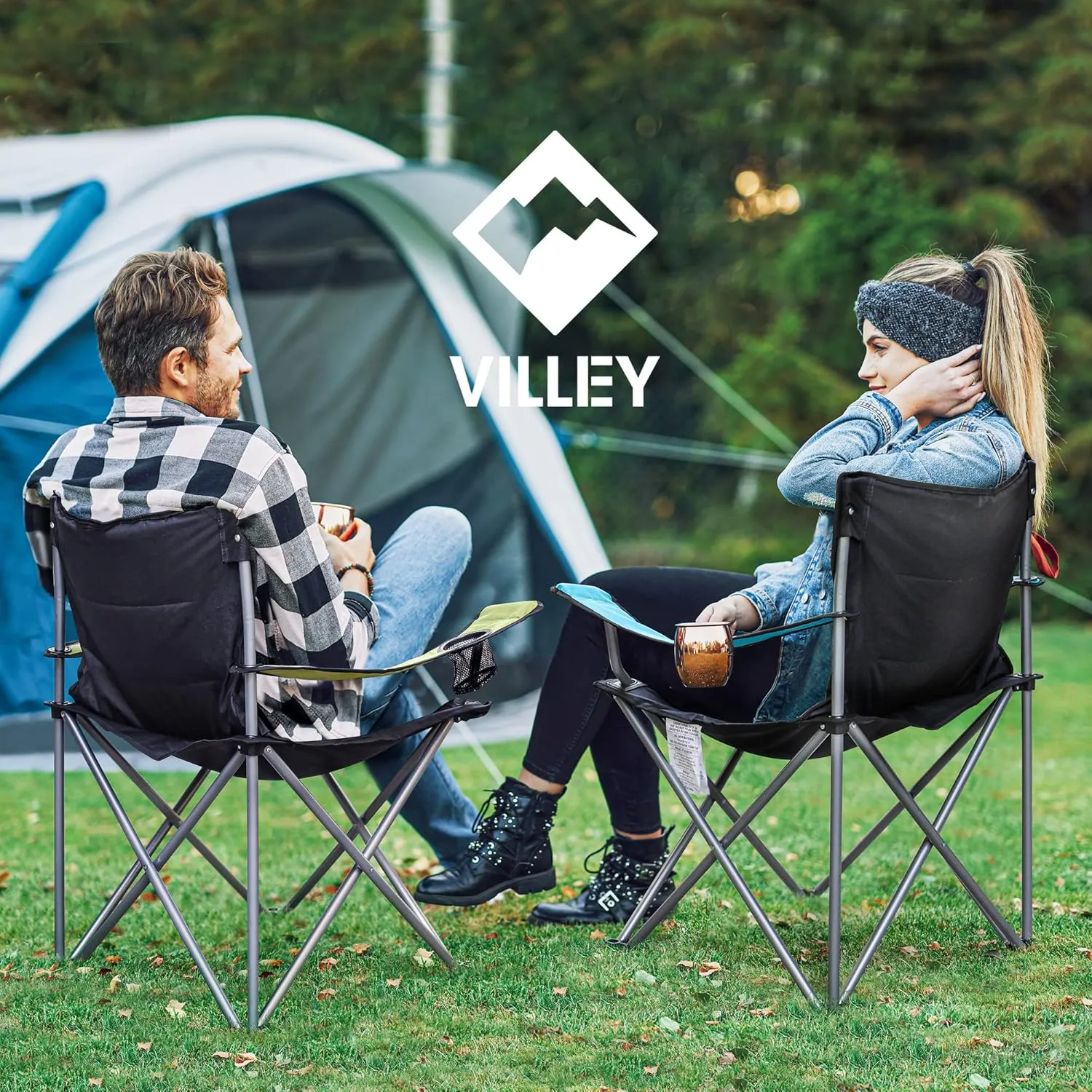 VILLEY Camping Chairs, Padded Folding Chair, Outdoor Portable High Camp Chair, Foldable Outside Arm Chair with Cup Holder & Carry Bag, Green