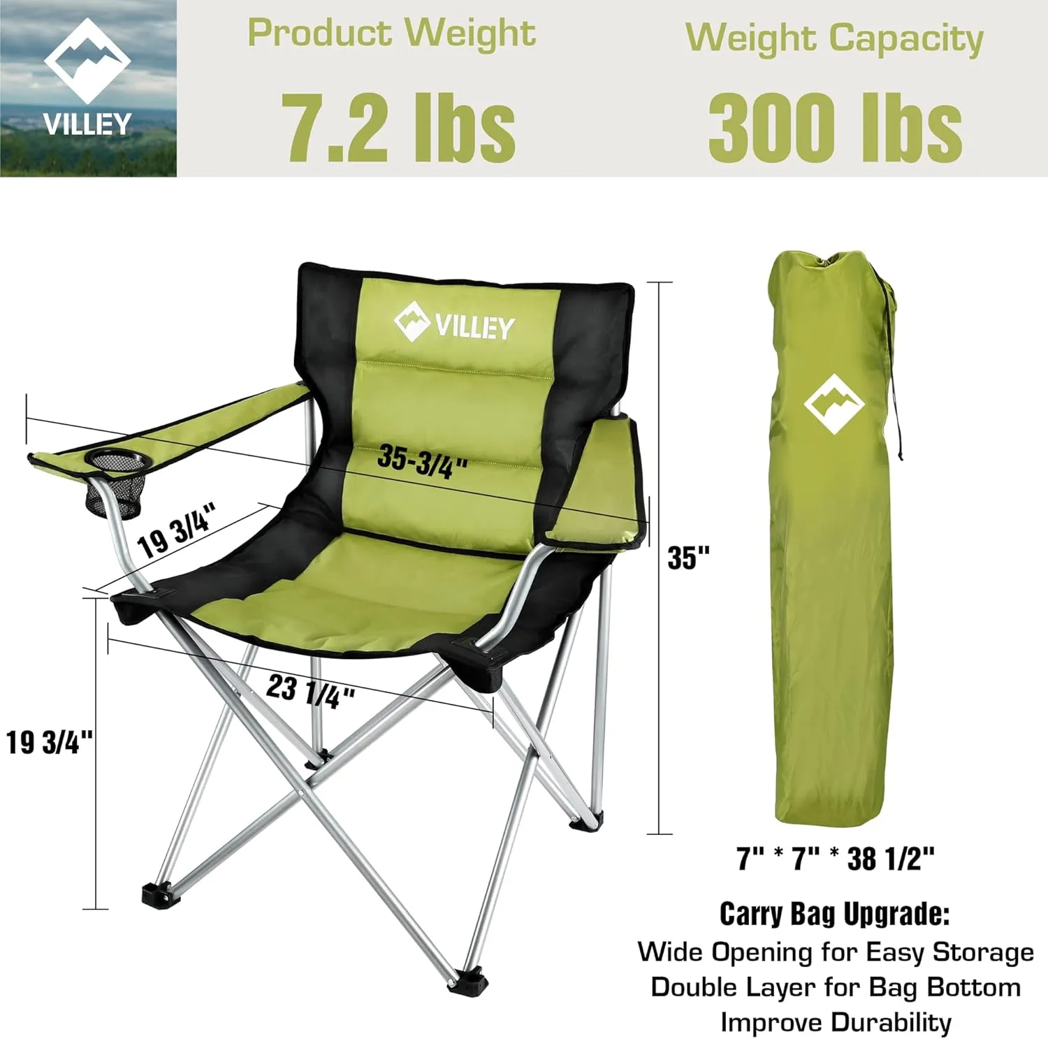 VILLEY Camping Chairs, Padded Folding Chair, Outdoor Portable High Camp Chair, Foldable Outside Arm Chair with Cup Holder & Carry Bag, Green