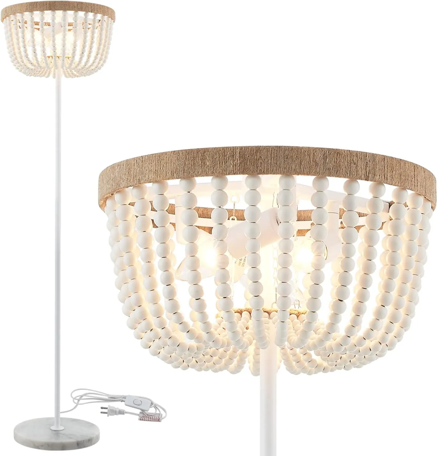 VILUXY Boho Floor Lamp with White Wood Beaded Shade for Bedroom, Living Room, Girl Room 3-Light