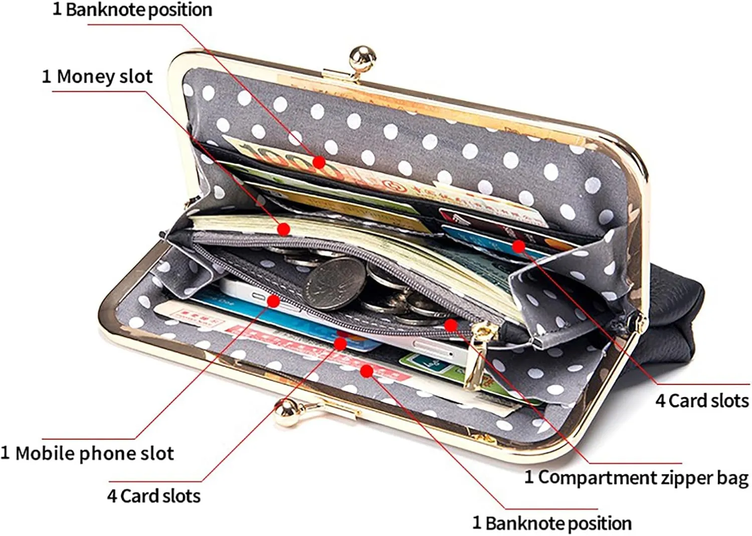 Vintage Kiss Lock Wallet for Women, Genuine Leather Multi-card Slots Card Holder Clutch Purse Travel Wallet (Grey)
