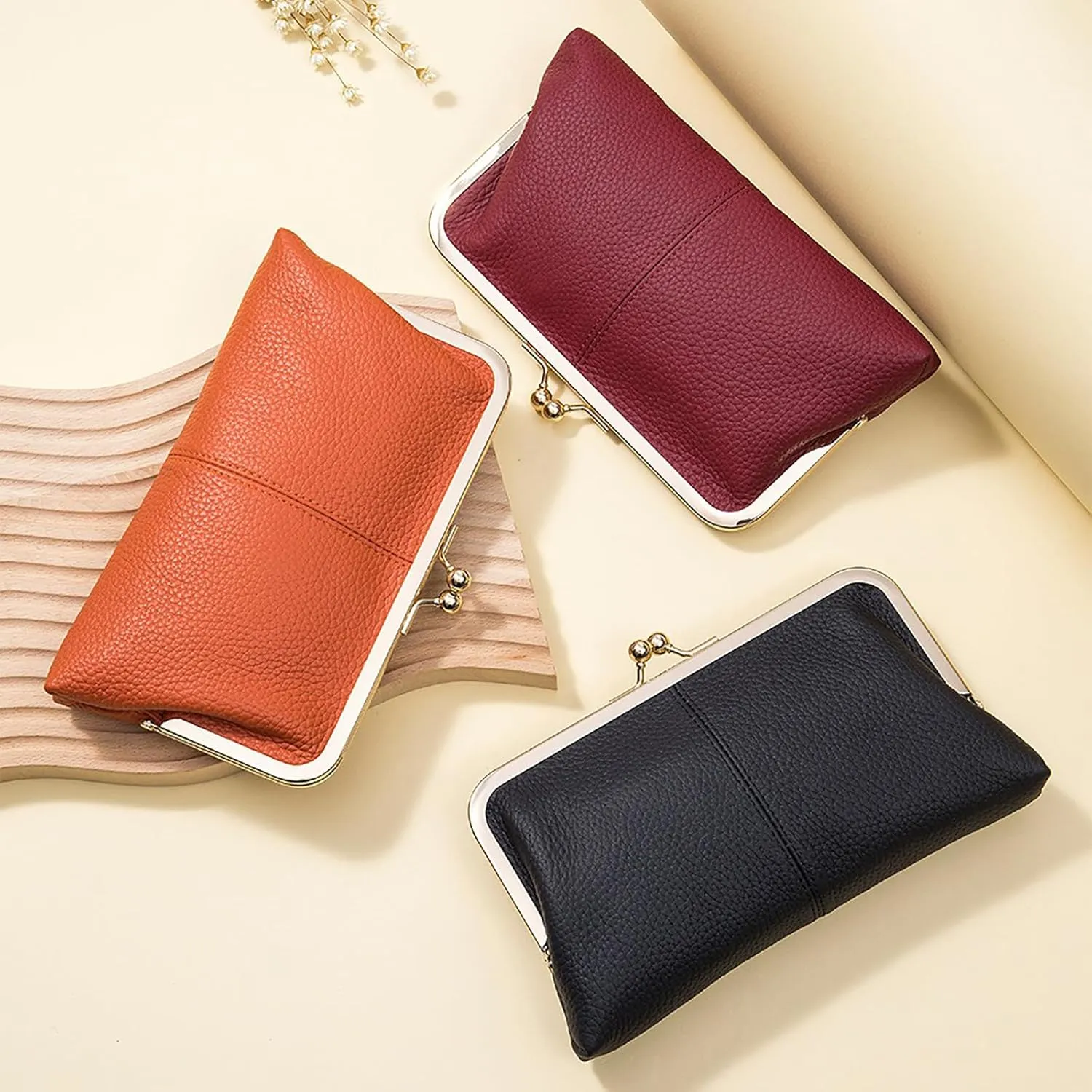 Vintage Kiss Lock Wallet for Women, Genuine Leather Multi-card Slots Card Holder Clutch Purse Travel Wallet (Grey)