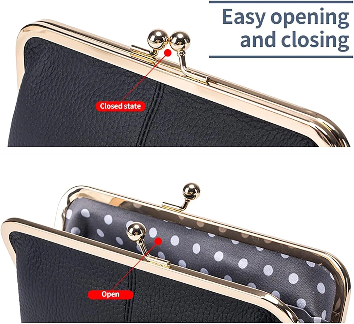 Vintage Kiss Lock Wallet for Women, Genuine Leather Multi-card Slots Card Holder Clutch Purse Travel Wallet (Grey)