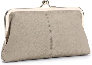 Vintage Kiss Lock Wallet for Women, Genuine Leather Multi-card Slots Card Holder Clutch Purse Travel Wallet (Grey)