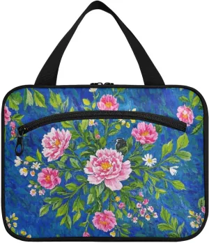 Vintage Peony Floral Blue Peach hanging toiletry bag for men with hook, designer unisex snack bag for travel accessories camping bolso de mano para hombre L