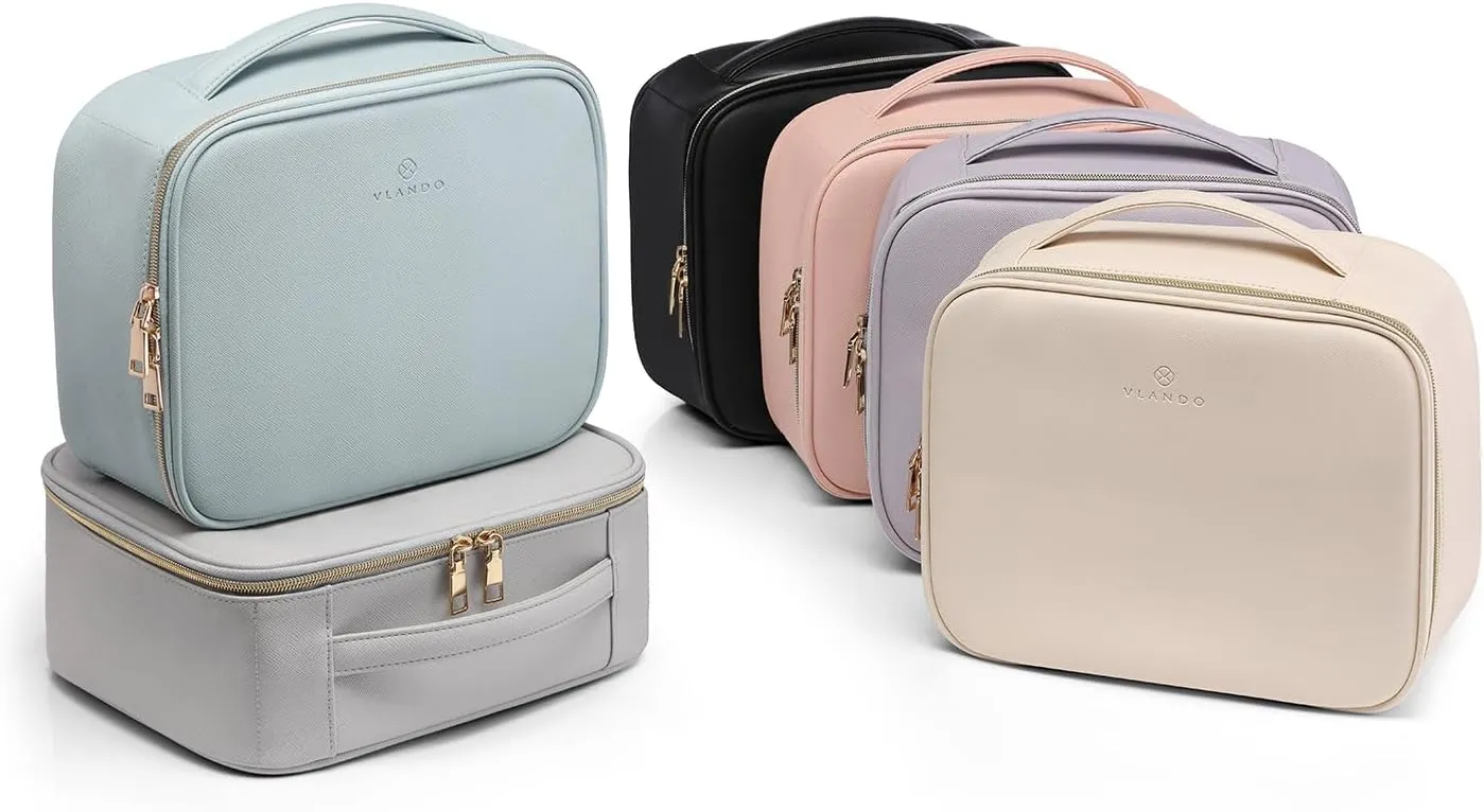 Vlando Toiletry Bag, Large Wash Bag, Travel Cosmetic Make-up Bag, Multi-compartment with Dividers for Cosmetics Makeup Brushes Toiletry Jewelry Accessories, Beige