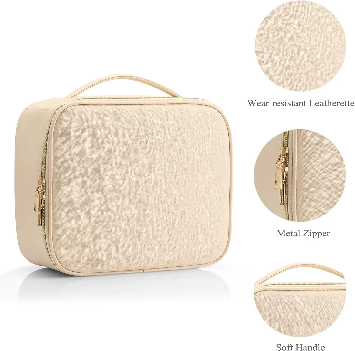 Vlando Toiletry Bag, Large Wash Bag, Travel Cosmetic Make-up Bag, Multi-compartment with Dividers for Cosmetics Makeup Brushes Toiletry Jewelry Accessories, Beige