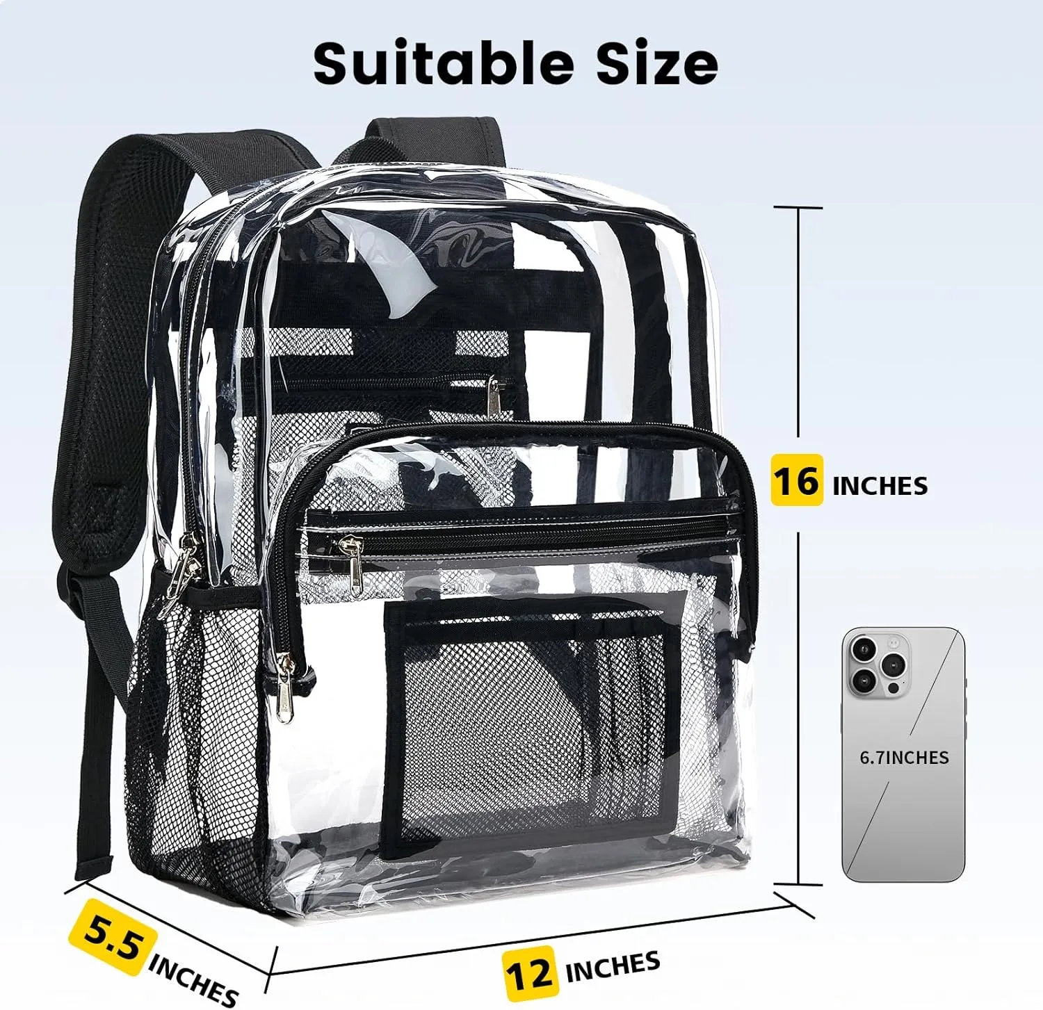 Vorspack Clear Backpack Heavy Duty - Clear Bookbag Large See Through Backpack Plastic Transparent Backpacks for College Work Travel - Black