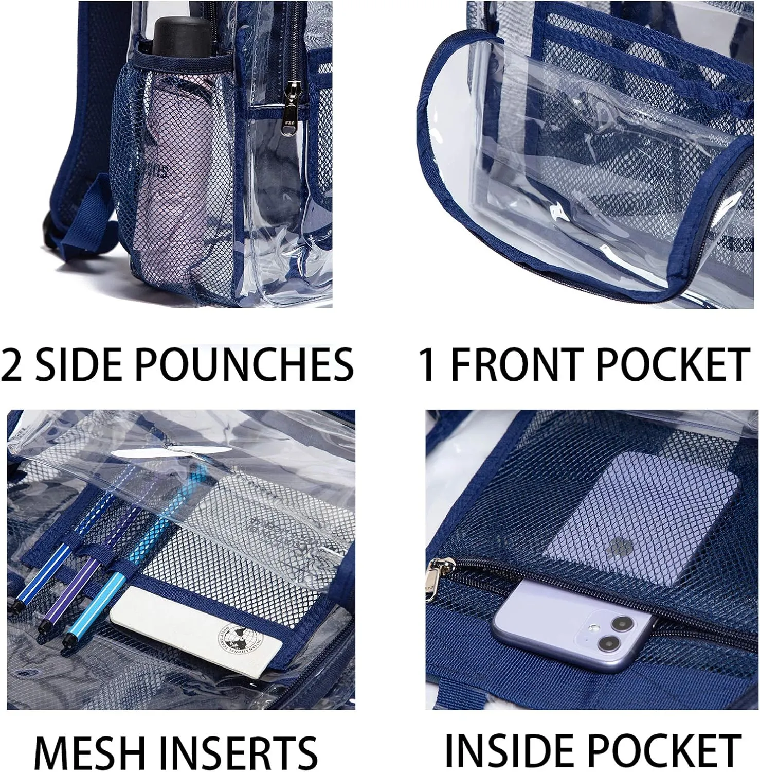 Vorspack Clear Backpack Heavy Duty PVC Transparent Backpack with Reinforced Strap for College Workplace - Navy