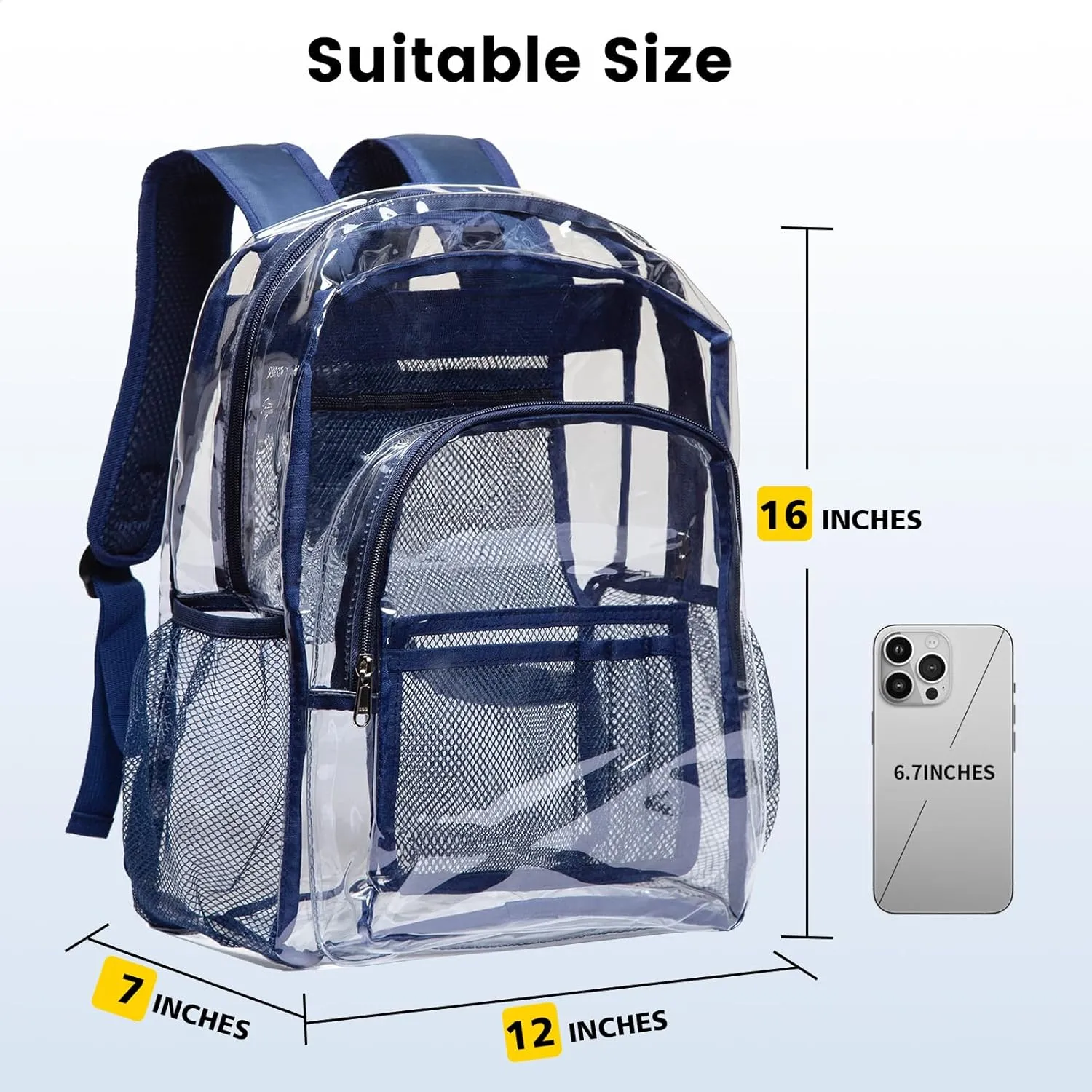 Vorspack Clear Backpack Heavy Duty PVC Transparent Backpack with Reinforced Strap for College Workplace - Navy