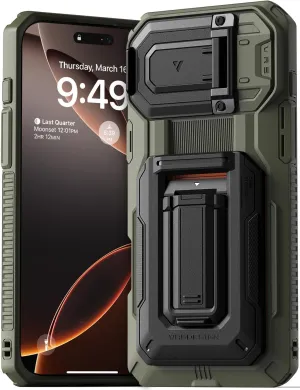VRS DESIGN Origin Wallet Card Holder Case [3 Cards] for iPhone 16 Pro Max (2024/Upgraded), Rugged Semi-Automatic 3-Card Slot & Kickstand Case (Moss Green)