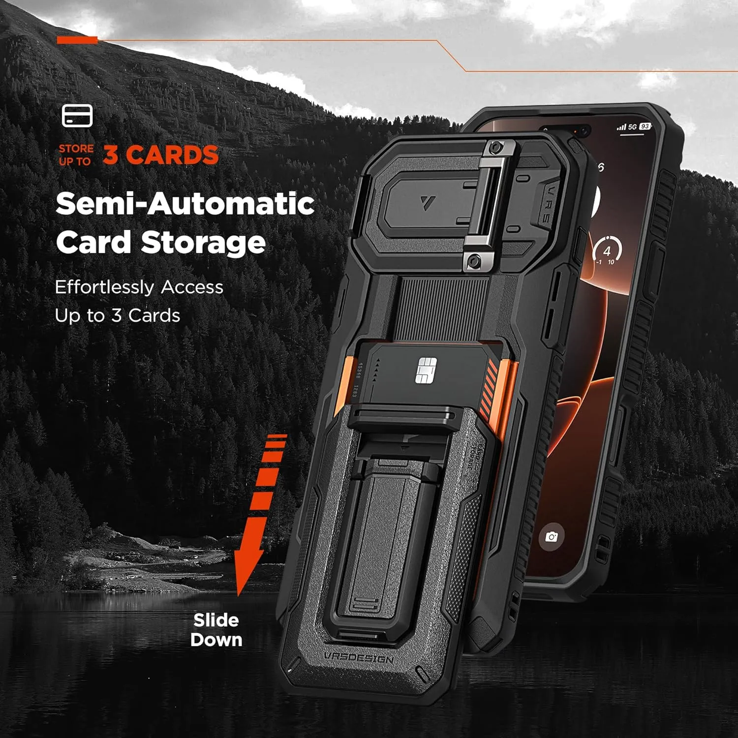 VRS DESIGN Origin Wallet Card Holder Case [3 Cards] for iPhone 16 Pro Max (2024/Upgraded), Rugged Semi-Automatic 3-Card Slot & Kickstand Case (Moss Green)