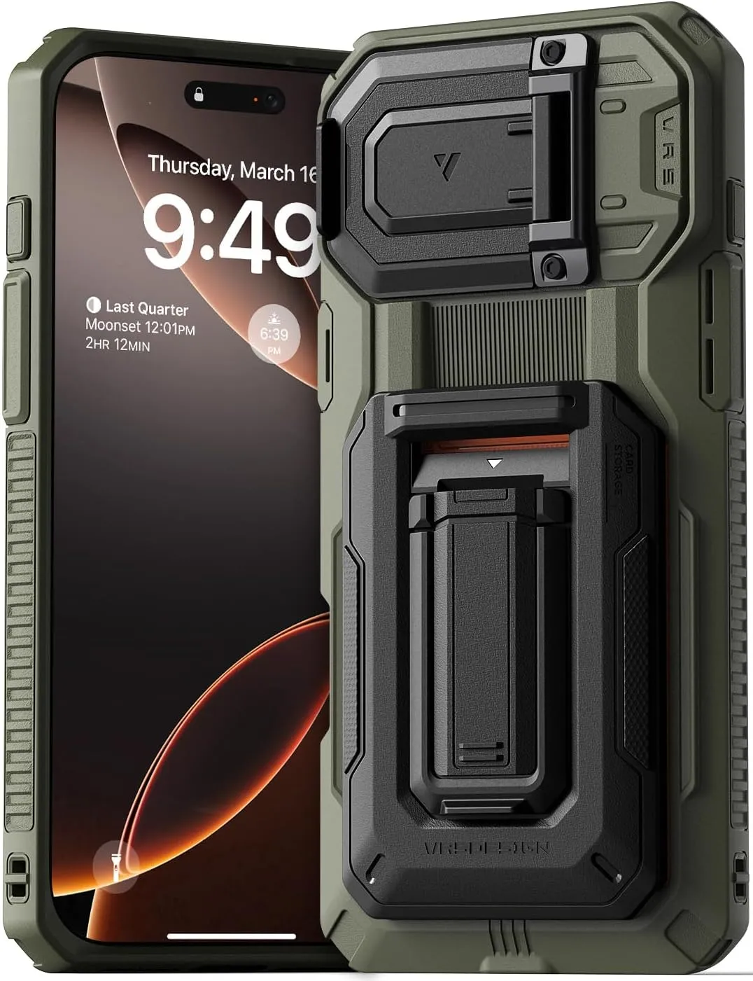 VRS DESIGN Origin Wallet Card Holder Case [3 Cards] for iPhone 16 Pro Max (2024/Upgraded), Rugged Semi-Automatic 3-Card Slot & Kickstand Case (Moss Green)