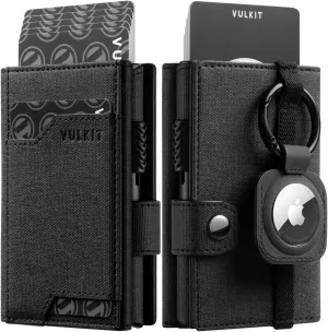 VULKIT Airtag Wallet with Keyring Mens Pop up Credit Card Wallet with Air Tag Holder Trifold ID Window RFID Blocking（Black）