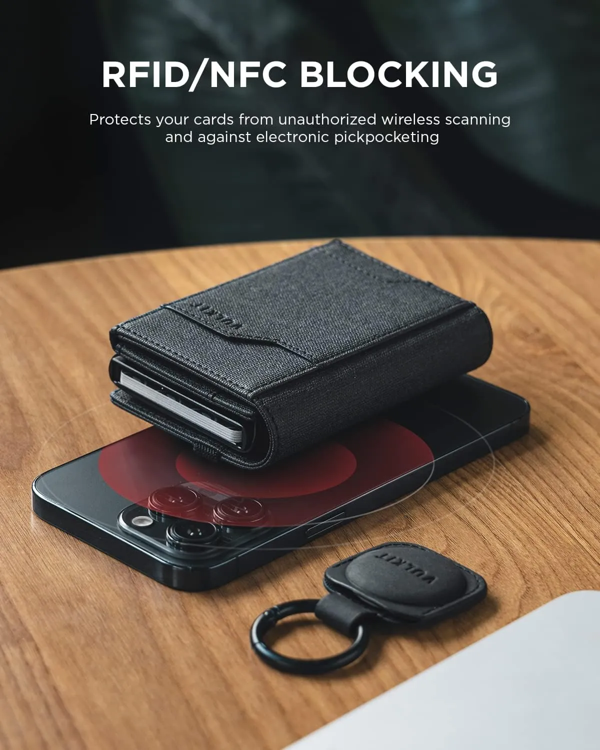 VULKIT Airtag Wallet with Keyring Mens Pop up Credit Card Wallet with Air Tag Holder Trifold ID Window RFID Blocking（Black）