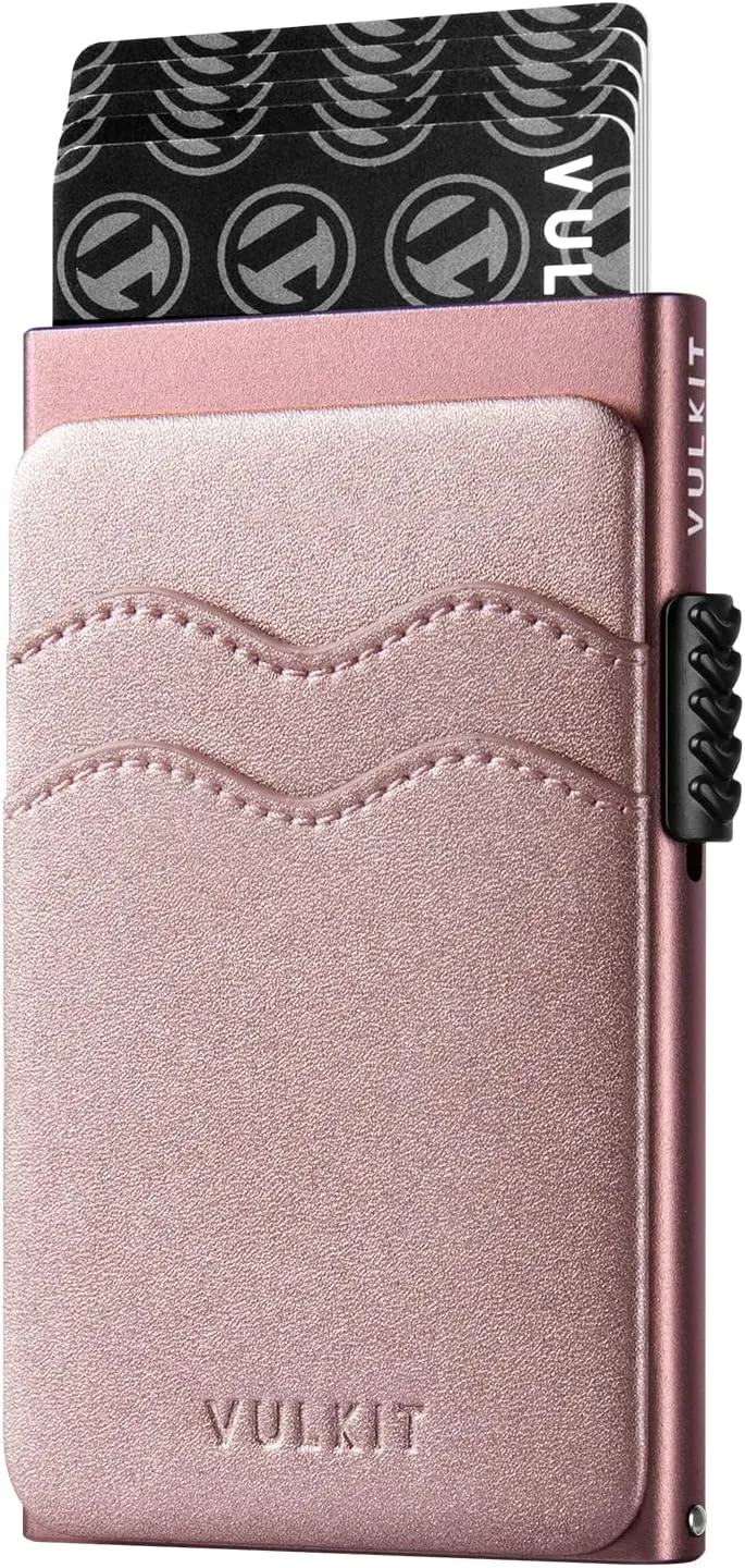 VULKIT Credit Card Holder Minimalist Slim Pop Up Wallet with Leather Slots RFID Blocking for Men and Women Holds 7 Cards and Notes Pearl Pink