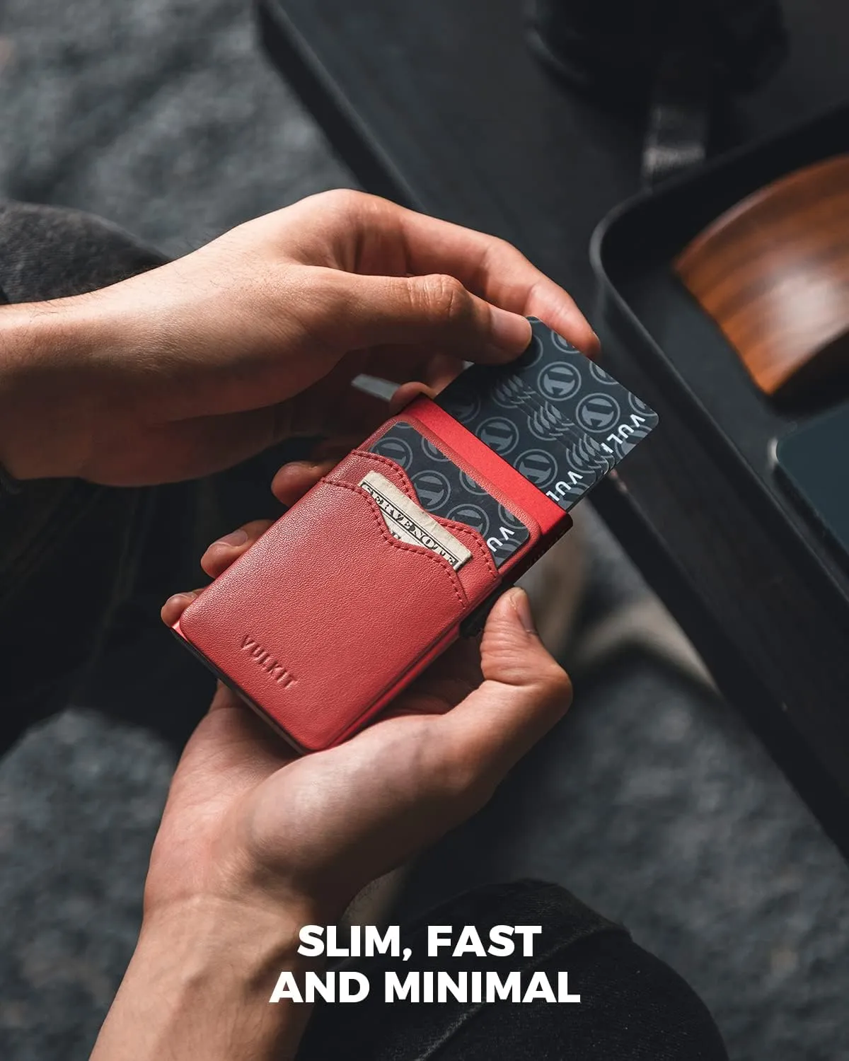 VULKIT Credit Card Holder Minimalist Slim Pop Up Wallet with Leather Slots RFID Blocking for Men and Women Holds 7 Cards and Notes Red