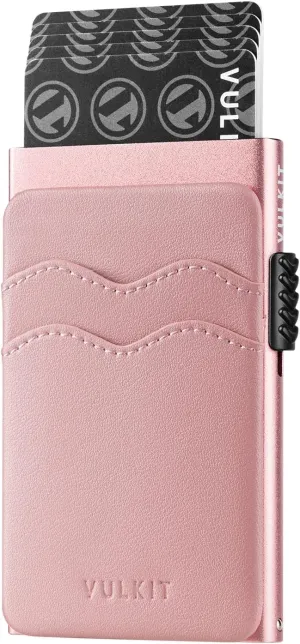 VULKIT Credit Card Holder Minimalist Slim Pop Up Wallet with Leather Slots RFID Blocking for Men and Women Holds 7 Cards and Notes Rose