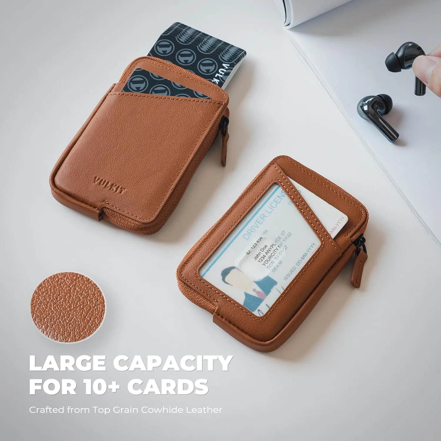 VULKIT Credit Card Holder RFID Blocking Top Grain Cowhide Leather Zip Card Holder Wallet Slim Minimalist Card Wallet, Holding up to 10 Cards & Folded Notes