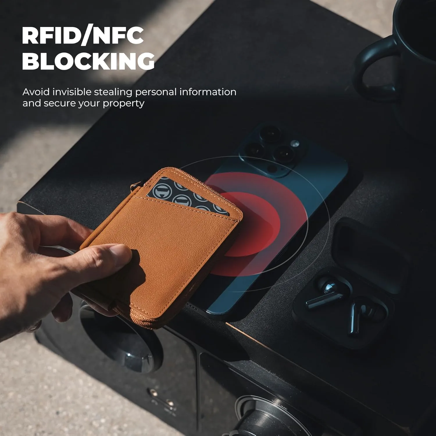 VULKIT Credit Card Holder RFID Blocking Top Grain Cowhide Leather Zip Card Holder Wallet Slim Minimalist Card Wallet, Holding up to 10 Cards & Folded Notes