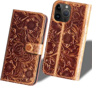 Wallet case Compatible iPhone 16 pro Real Leather 6.3 in Case,Genuine Leather Shockproof Case,Flip Folio Cover with Card Slot Kickstand,Dark Brown