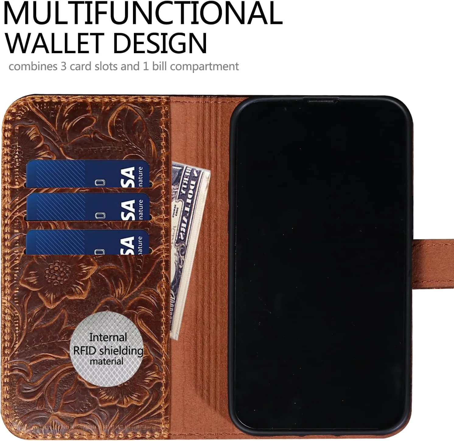 Wallet case Compatible iPhone 16 pro Real Leather 6.3 in Case,Genuine Leather Shockproof Case,Flip Folio Cover with Card Slot Kickstand,Dark Brown