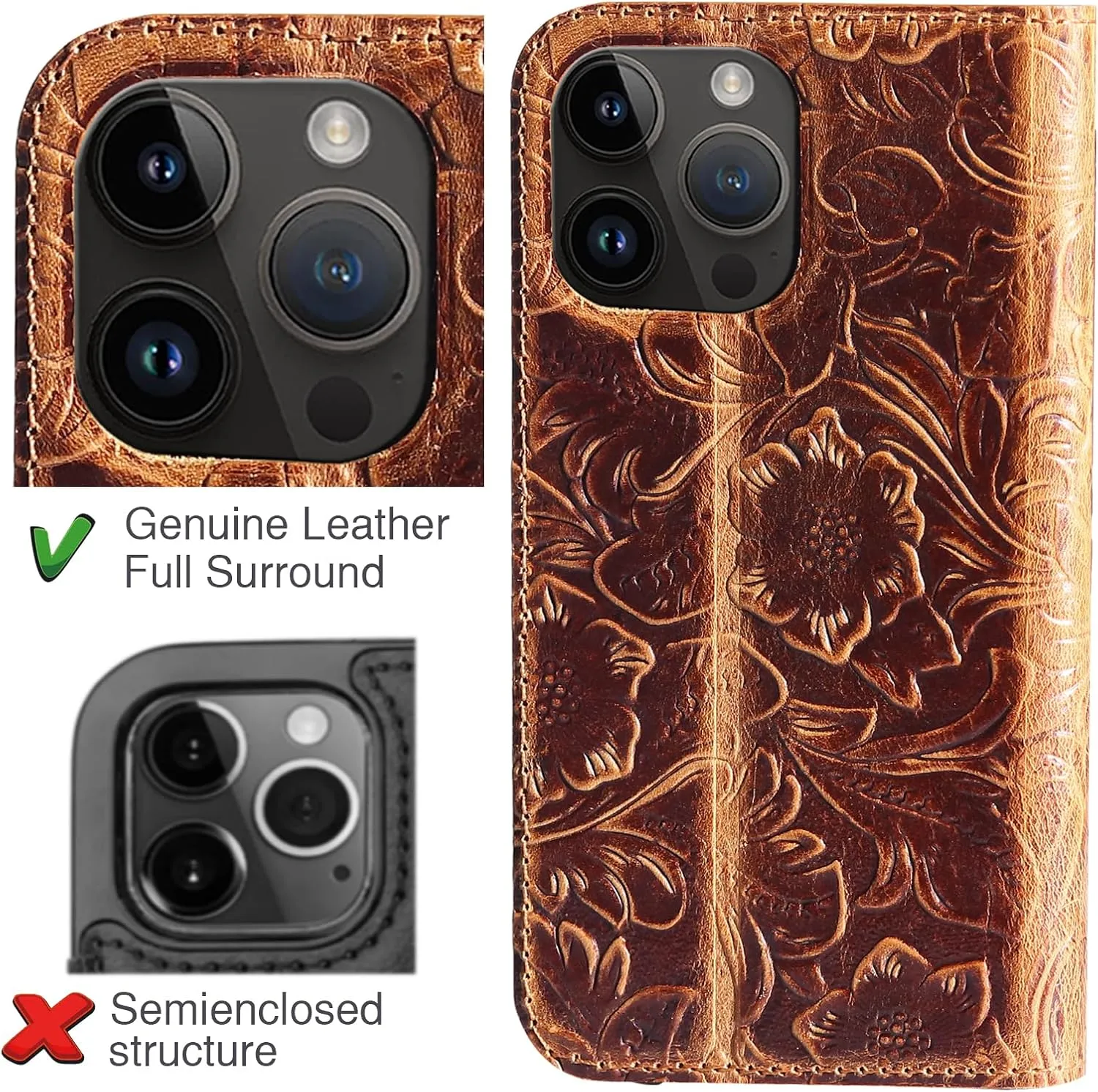 Wallet case Compatible iPhone 16 pro Real Leather 6.3 in Case,Genuine Leather Shockproof Case,Flip Folio Cover with Card Slot Kickstand,Dark Brown