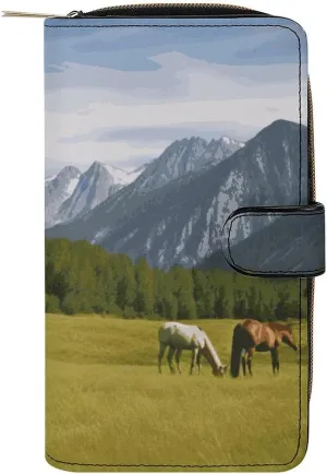 Wallet for Men Coin Purse Card Case Zipper Mountain Pasture Grazing Horses Printed Wallet Multi Credit Card Holder Purse for Men Women