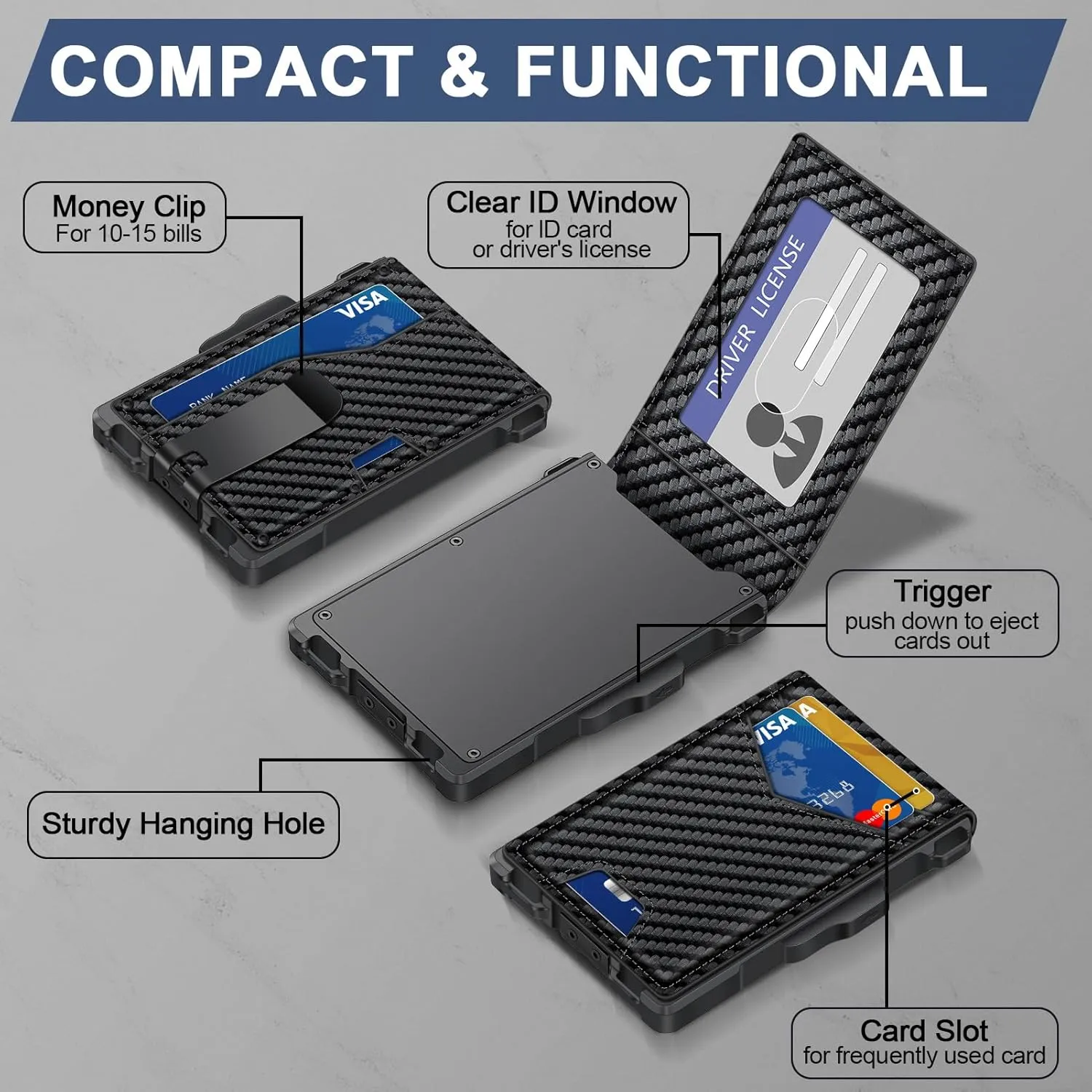 Wallet for Men, Minimalist Slim Mens Wallet with Money Clip, RFID Blocking Smart Pop Up Card Wallet with ID Window, Compact Bifold Wallet, Metal Aluminum Credit Card Holder