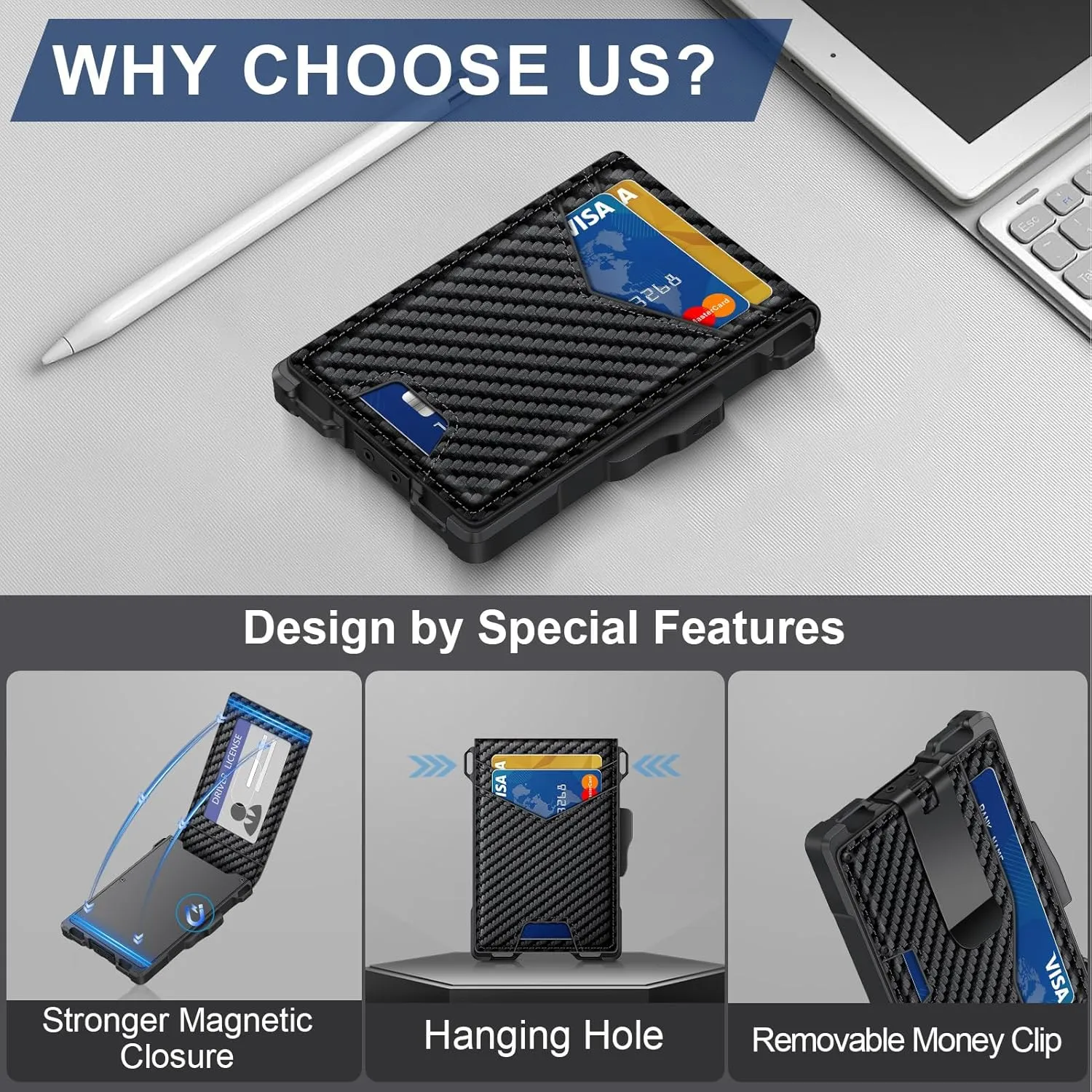 Wallet for Men, Minimalist Slim Mens Wallet with Money Clip, RFID Blocking Smart Pop Up Card Wallet with ID Window, Compact Bifold Wallet, Metal Aluminum Credit Card Holder