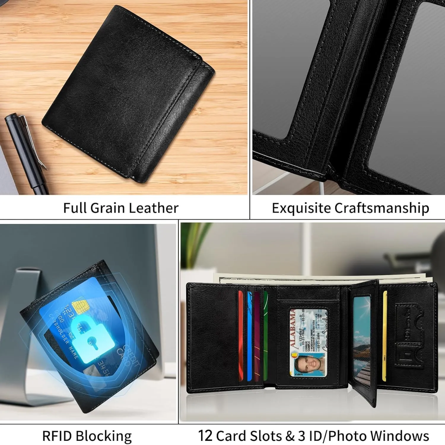 Wallet for Men Trifold RFID Blocking Credit Card Holder, Leather Compact Large Capacity Minimalist Mens Wallet Money Clip with ID Window 10 Credit Card Slots