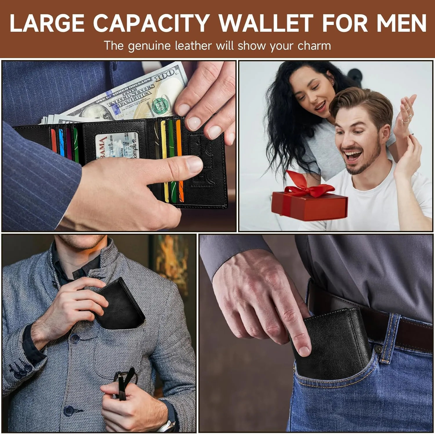 Wallet for Men Trifold RFID Blocking Credit Card Holder, Leather Compact Large Capacity Minimalist Mens Wallet Money Clip with ID Window 10 Credit Card Slots