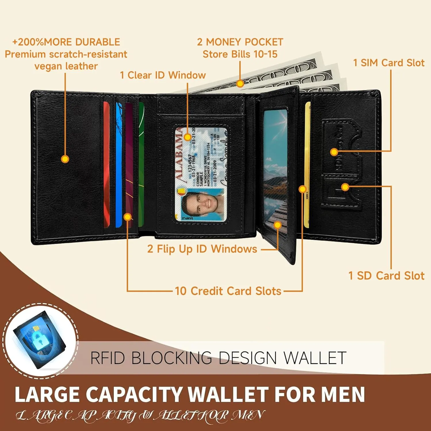 Wallet for Men Trifold RFID Blocking Credit Card Holder, Leather Compact Large Capacity Minimalist Mens Wallet Money Clip with ID Window 10 Credit Card Slots