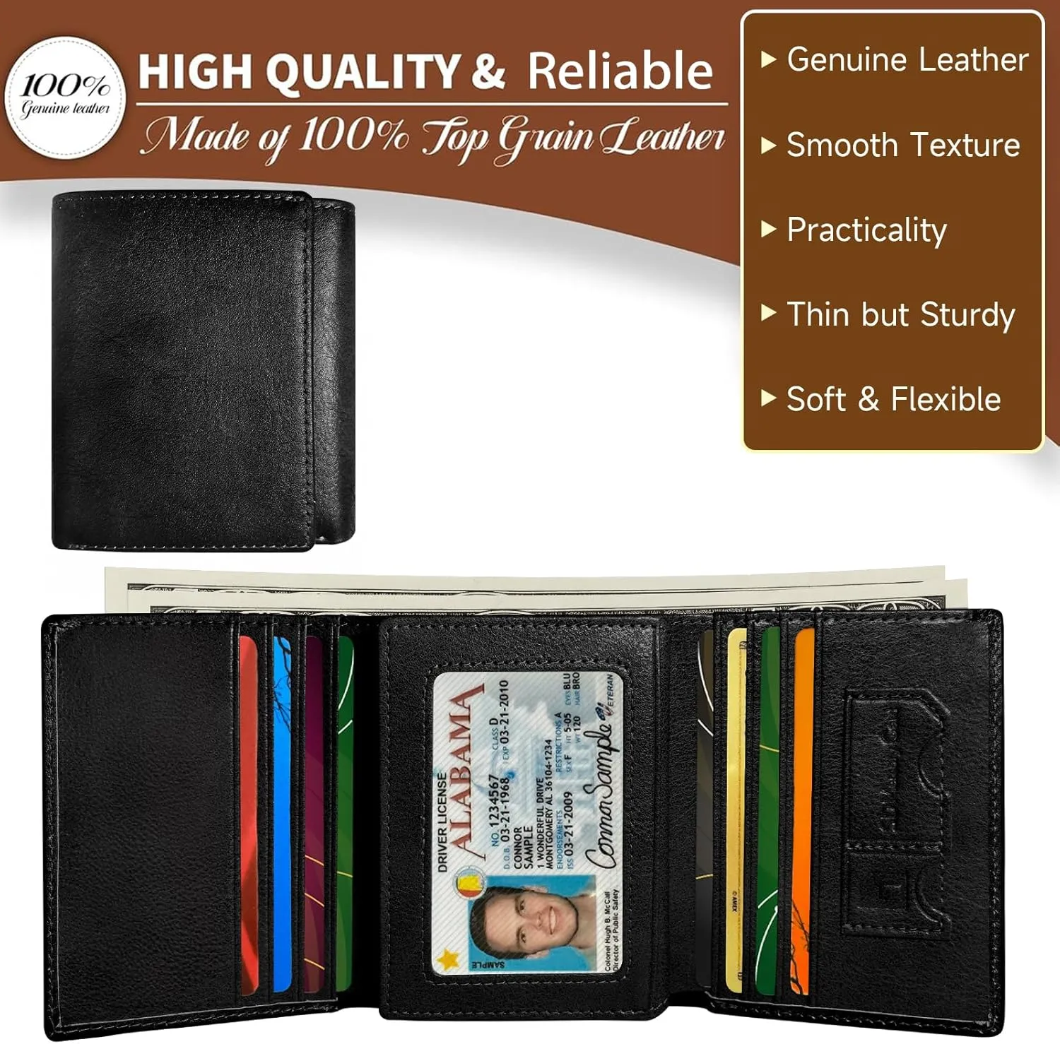 Wallet for Men Trifold RFID Blocking Credit Card Holder, Leather Compact Large Capacity Minimalist Mens Wallet Money Clip with ID Window 10 Credit Card Slots
