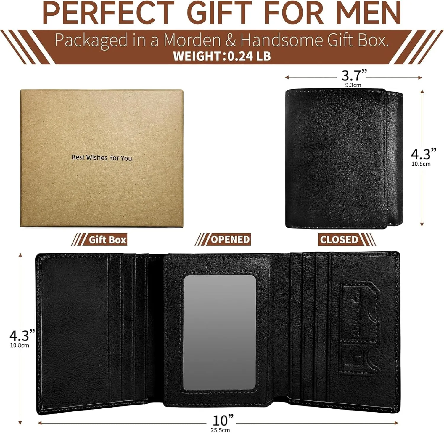 Wallet for Men Trifold RFID Blocking Credit Card Holder, Leather Compact Large Capacity Minimalist Mens Wallet Money Clip with ID Window 10 Credit Card Slots