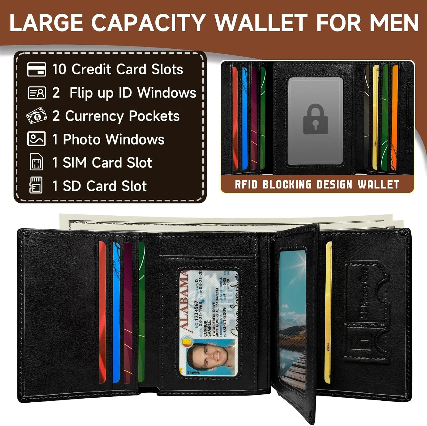 Wallet for Men Trifold RFID Blocking Credit Card Holder, Leather Compact Large Capacity Minimalist Mens Wallet Money Clip with ID Window 10 Credit Card Slots