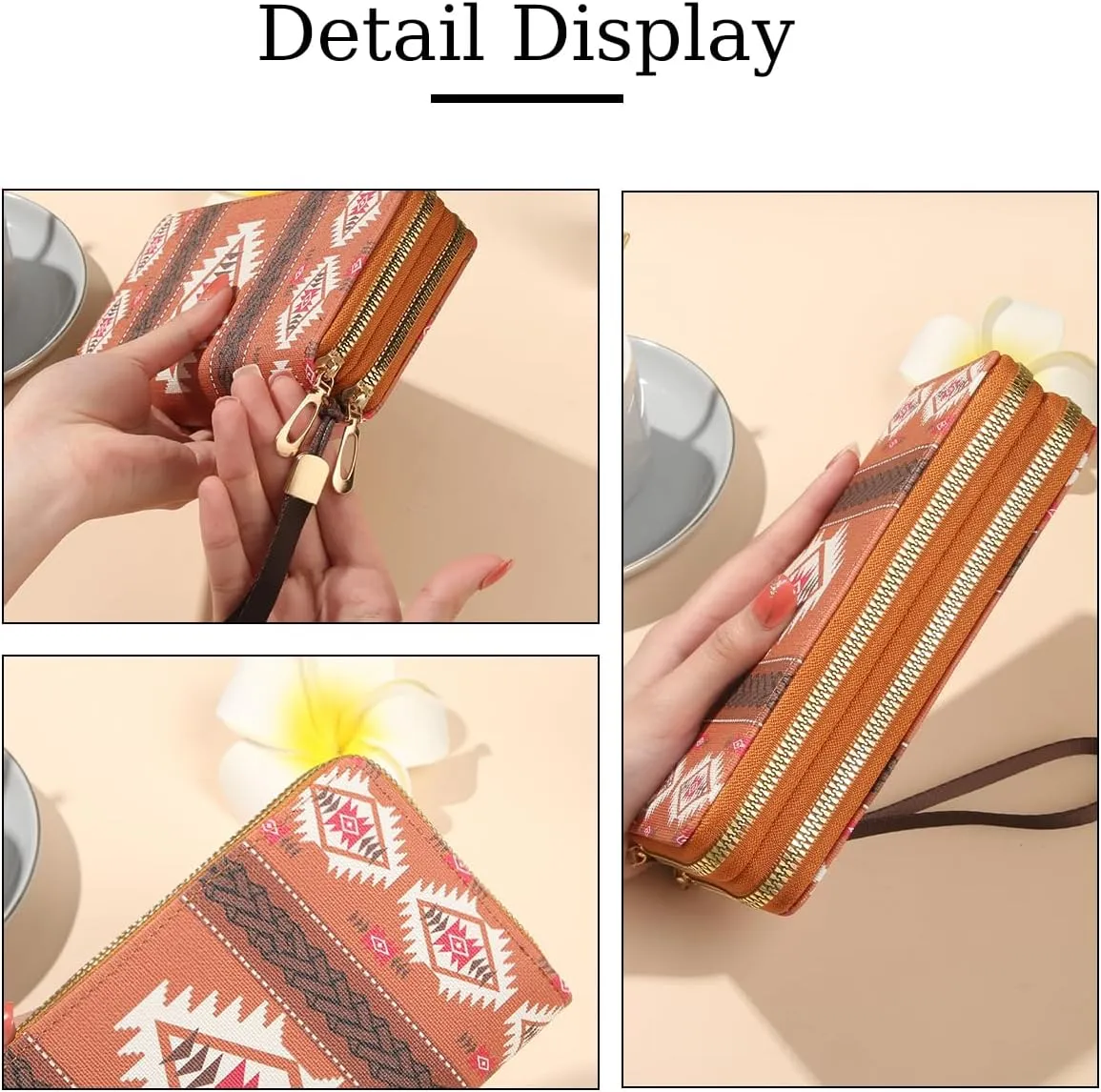 Wallet Purse for Women, Boho-Inspired Wristlet Wallet with Credit Card Holder（Brown）
