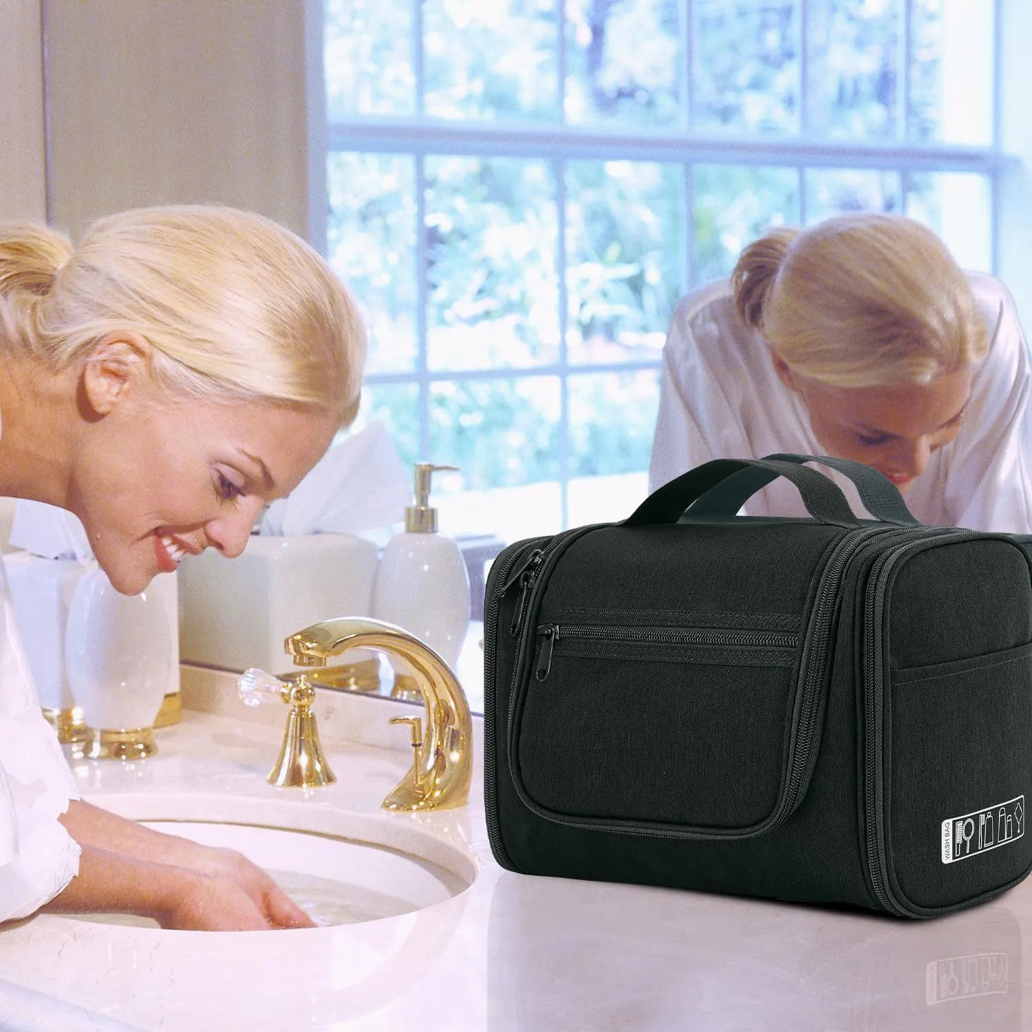 WANDF Large Hanging Toiletry Bag Travel Cosmetic Makeup Organizer Water-Resistant Shower Bathroom Bag for Women and Men (Black)